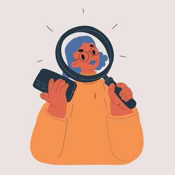 Cartoon vector illustration of woman looking through magnifying glass at viewer while holding smartphone, investigation, research and curiosity concept