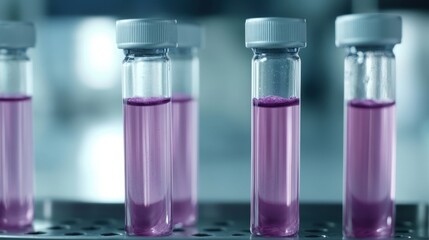 Unsealed medical vials containing viscous purple fluid in a laboratory setting