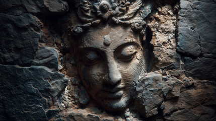 Close-up of Krishnaâs image carved naturally into an ancient stone wall, weathered texture and soft light