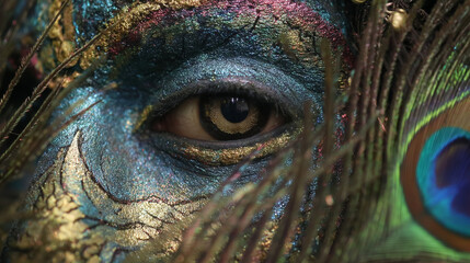 Close-up of Krishnaâs face visible in a peacock feather arrangement, iridescent colors