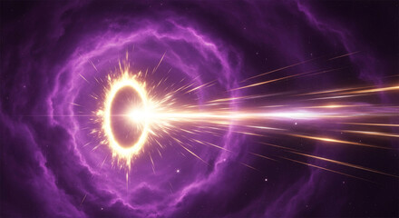 Image of luminous ring, with strong rays on purple nebula. Symbolizes passage through portal, science, and future, lightspeed, travel, energy source
