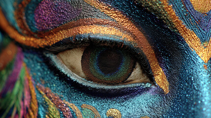Close-up of Krishnaâs face visible in a peacock feather arrangement, iridescent colors