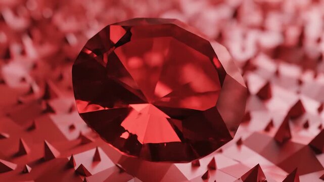 Red Ruby Gemstone Sparkles on a Textured Surface with Abstract Spikes and Facets.