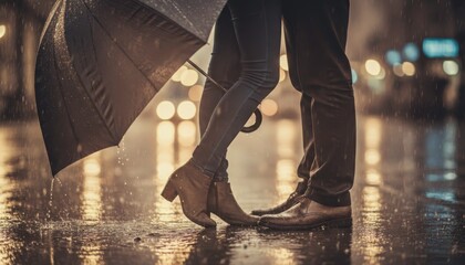 Couple kissing under umbrella in rainy night street, romantic post-pandemic vibe.