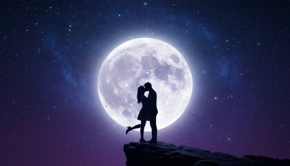 Obraz premium Silhouette couple kissing on cliff edge under full moon starry purple night sky.