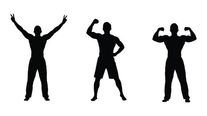 Three black silhouettes of men in different poses on white background