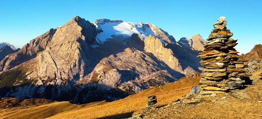 morning panoramic view mount Marmolada stone pyramid
