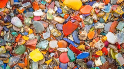 Vibrant multicolored fragments of broken glass and plastic debris are scattered across a textured surface