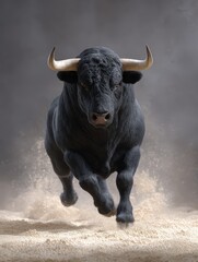 Powerful bull running through desert sand, dynamic action shot, showcasing strength, energy, and raw animal power in a natural environment.