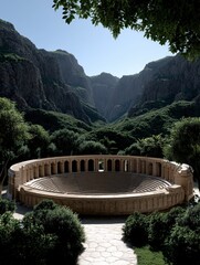 Ancient Roman Theater Ruins - Panoramic View of Stone Amphitheater with Lush Greenery and Sunny Sky