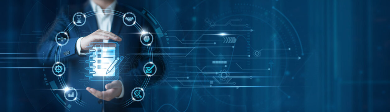 Businessman hand hold digital agenda management, strategic planning workflow, executive scheduling system, productivity driven business organization