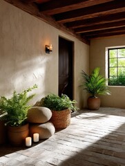 Serene Patio Retreat: Stone Pathway, Wicker Baskets, Pottery, and Candlelight Create a Peaceful Outdoor Space.