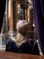 Regal Gentleman's Back View in Velvet Robe with Gold Embroidery - Formal Attire, Portrait, Luxury, Royalty.
