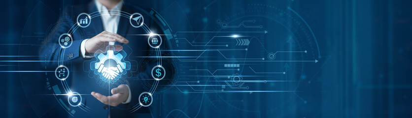 Businessman hand hold business cooperation network, strategic partnership platform, collaborative...