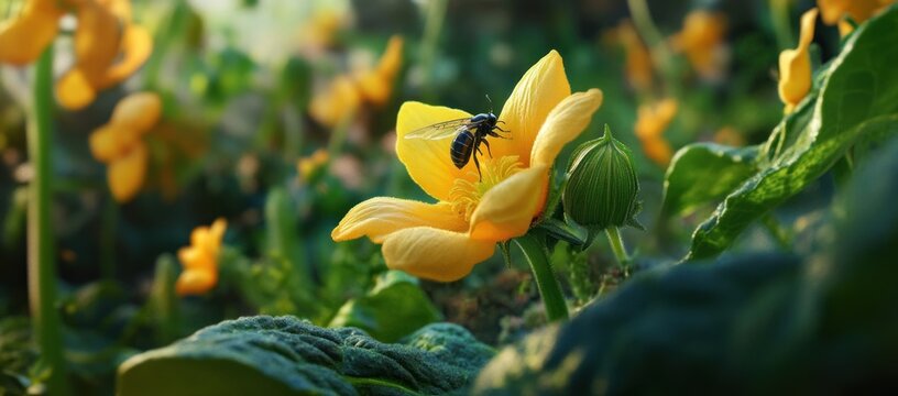 Macro photograph showcasing a bee collecting pollen on a vibrant yellow flower