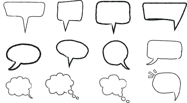 Collection of hand drawn speech bubbles and thought clouds
