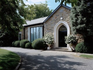 Elegant Historic Estate Entrance with Stone Pathway and Classic Landscaping featuring manicured greenery and a formal architectural design.