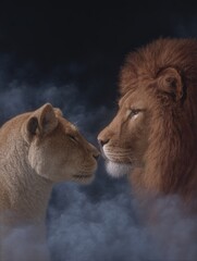 Majestic Male and Female Lions Facing Each Other in the African Savannah, Portrait of Wild Animals in Natural Habitat.