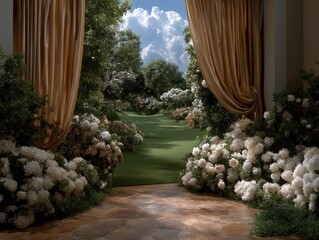 Lush Garden Path with Blooming Flowers and Stone Pathway, Vibrant Greenery, Sunny Outdoor Scene, Floral Pathway