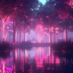 Ethereal Glowing Forest Landscape with Vibrant Pink Light Trails and Reflections in a Still Pond, Fantasy Nature Scene.