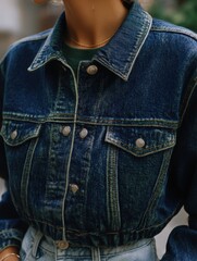Young Woman in Denim Jacket and Jeans Outfit, Casual Street Style Portrait, Modern Fashion Lifestyle Photography.