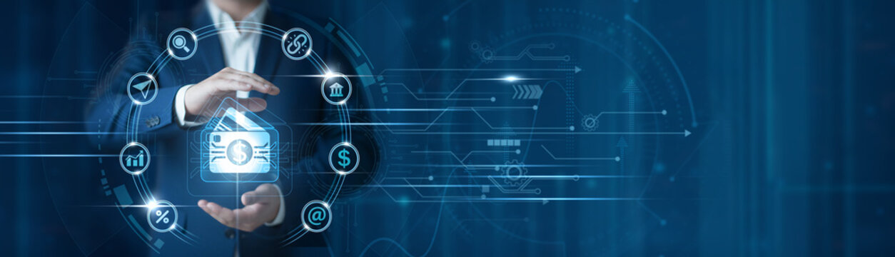 Businessman hand hold digital payment system, cashless transaction platform, fintech integration, secure online business payments