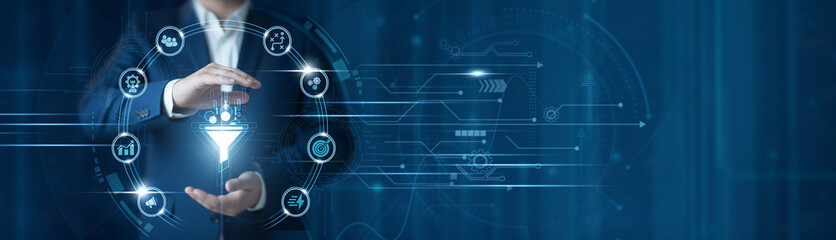 Businessman hand hold lead generation system, customer acquisition analytics, digital marketing...
