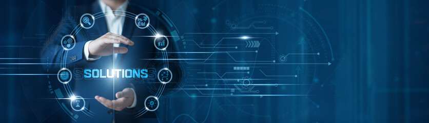 Obraz premium Businessman hand hold business technology solutions, digital transformation platform, enterprise workflow optimization, it services innovation, strategic problem solving, integrated business systems