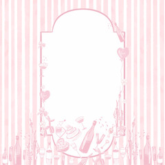 Card with bottles and wine glasses. Watercolor Background.  