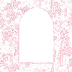 Valentine Floral Arch Frame with Hearts, Cupid and Romantic Watercolor Background.  Illustration