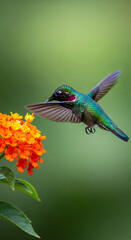 Obraz premium Vibrant hummingbird with iridescent plumage flits near orange flower, showcasing beauty and fragility of nature, highlighting nectar dependency