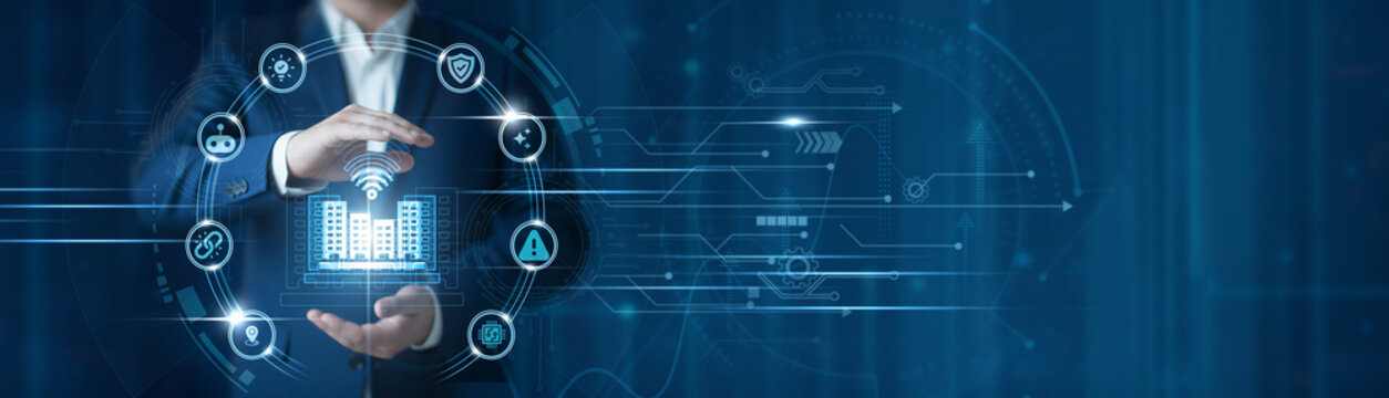 Businessman hand hold smart building systems, iot powered automation, energy efficient infrastructure, digital facility management, intelligent corporate workspace, building technology solutions