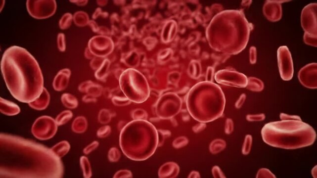 Photorealistic 3D: vibrant red blood cells flow like a crimson river. Biconcave, translucent, subsurface scattering, shallow depth of field, bioluminescent glow, life force concept.