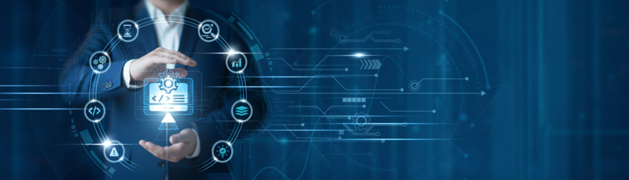 Businessman hand hold software development, agile coding platform, application programming environment, project lifecycle management, enterprise technology innovation, devops workflow