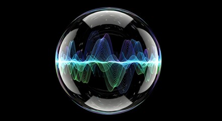 Abstract digital representation of multicolored sound wave frequencies visualized intricately within a transparent, glossy, reflective sphere against a stark black background symbolizing communication