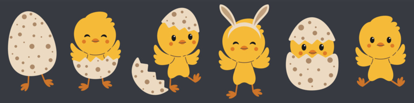 Cute Easter chick character set with hatching eggs, bunny ears and playful poses, spring holiday cartoon illustration collection for Easter design, greeting cards, posters, kids artwork