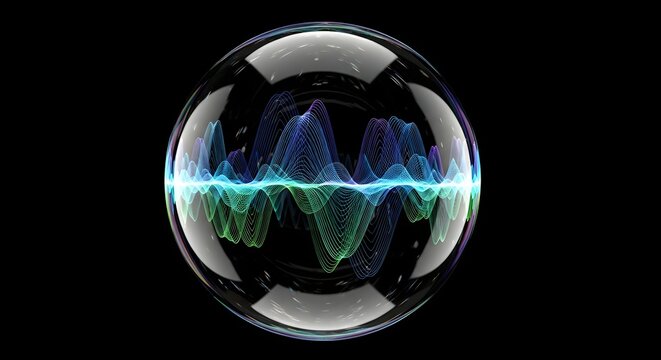 Abstract digital representation of multicolored sound wave frequencies visualized intricately within a transparent, glossy, reflective sphere against a stark black background symbolizing communication - Powered by Adobe