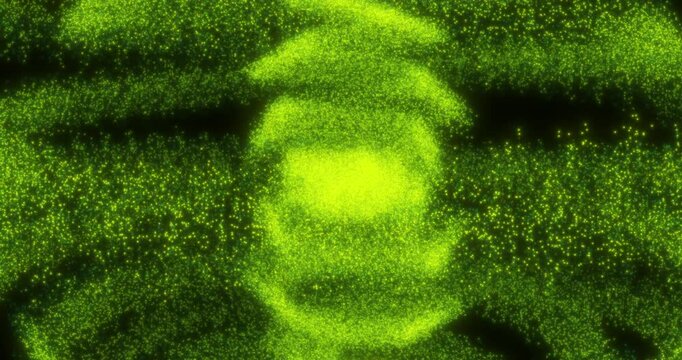 Vivid neon-green dust swirls into a dynamic nebula, with shimmering particles and a soft glow, ideal for sci-fi intros and futuristic scenes