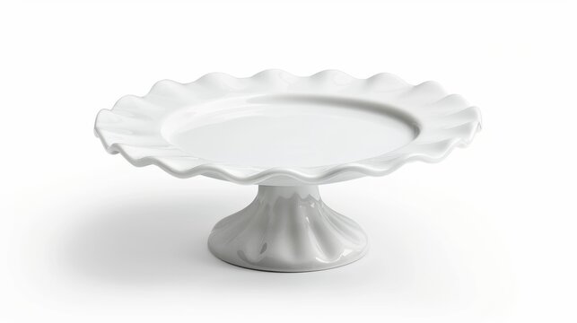 White ceramic cake stand with scalloped edges isolated on white background mockup