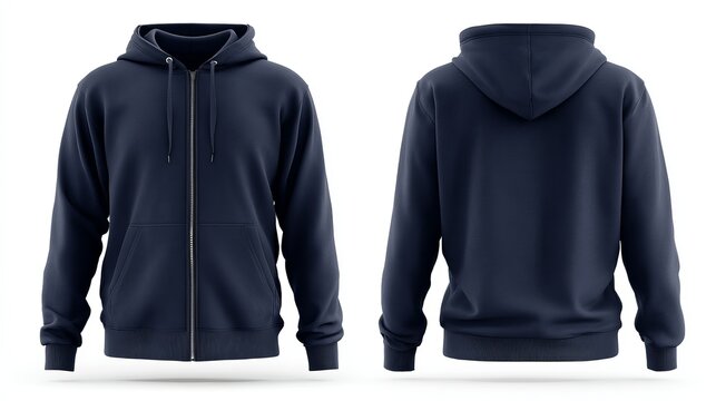 Professional navy blue zip-up hoodie mockup front and back view for fashion designers and apparel brands showcasing modern style.