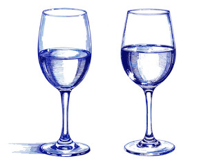 Vintage sketch of wine glasses with water in blue ink  
