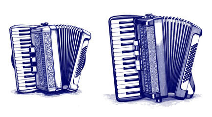 Vintage sketch of blue ink accordion on white background  