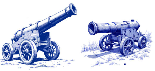 Vintage sketch of cannons in blue ink for Bastille Day  