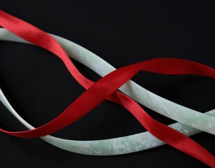 Elegant Jade and Red Ribbons Intertwined on a Dark Surface