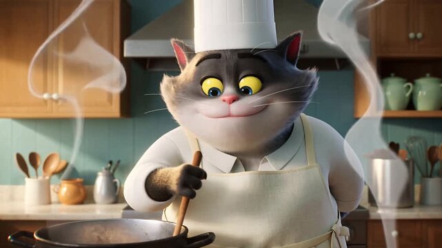 Animated cat chef stirring soup in domestic kitchen. Medium shot with panning camera movement.