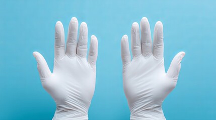 Fototapeta premium White medical gloves open palms against a bright blue background, offering protection and safety during work