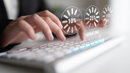 A concept of a system update and software installation. A progress bar and loading icons showing the update percentage and status. Motif