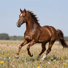 Fototapeta premium Brown horse galloping across a summer pasture