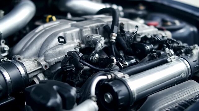 Close-up view of a car engine's intricate network of metal and plastic components