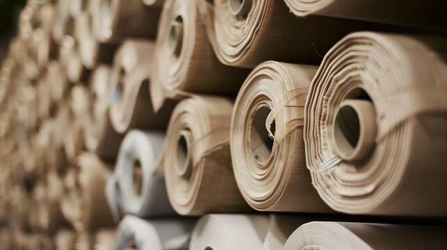 Stacked unbleached fabric rolls textiles, textile warehouse, sustainable fashion manufacturing supply chain